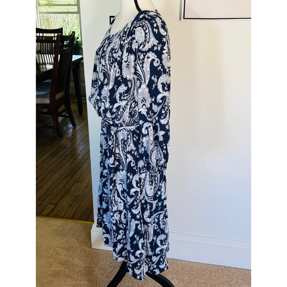 Talbots Plus Navy White Paisley Midi Dress with Belt Sz 1X High Low Hem - Picture 5 of 11